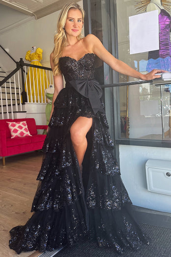 Sparkly Black Tiered Long Strapless Prom Dress with Bow