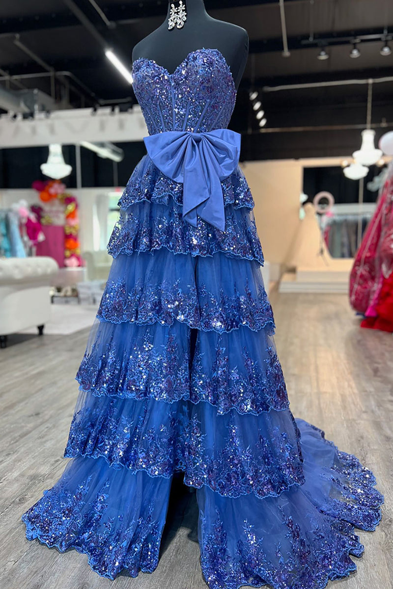 Load image into Gallery viewer, Sparkly Black A-Line Sequined Corset Tiered Bow Long Prom Dress with Slit