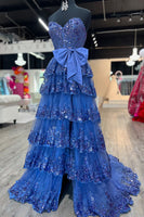 Load image into Gallery viewer, Sparkly Black A-Line Strapless Sequins Corset Tiered Bow Long Prom Dress with Slit