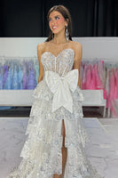 Load image into Gallery viewer, Sparkly Black A-Line Sequined Corset Tiered Bow Long Prom Dress with Slit