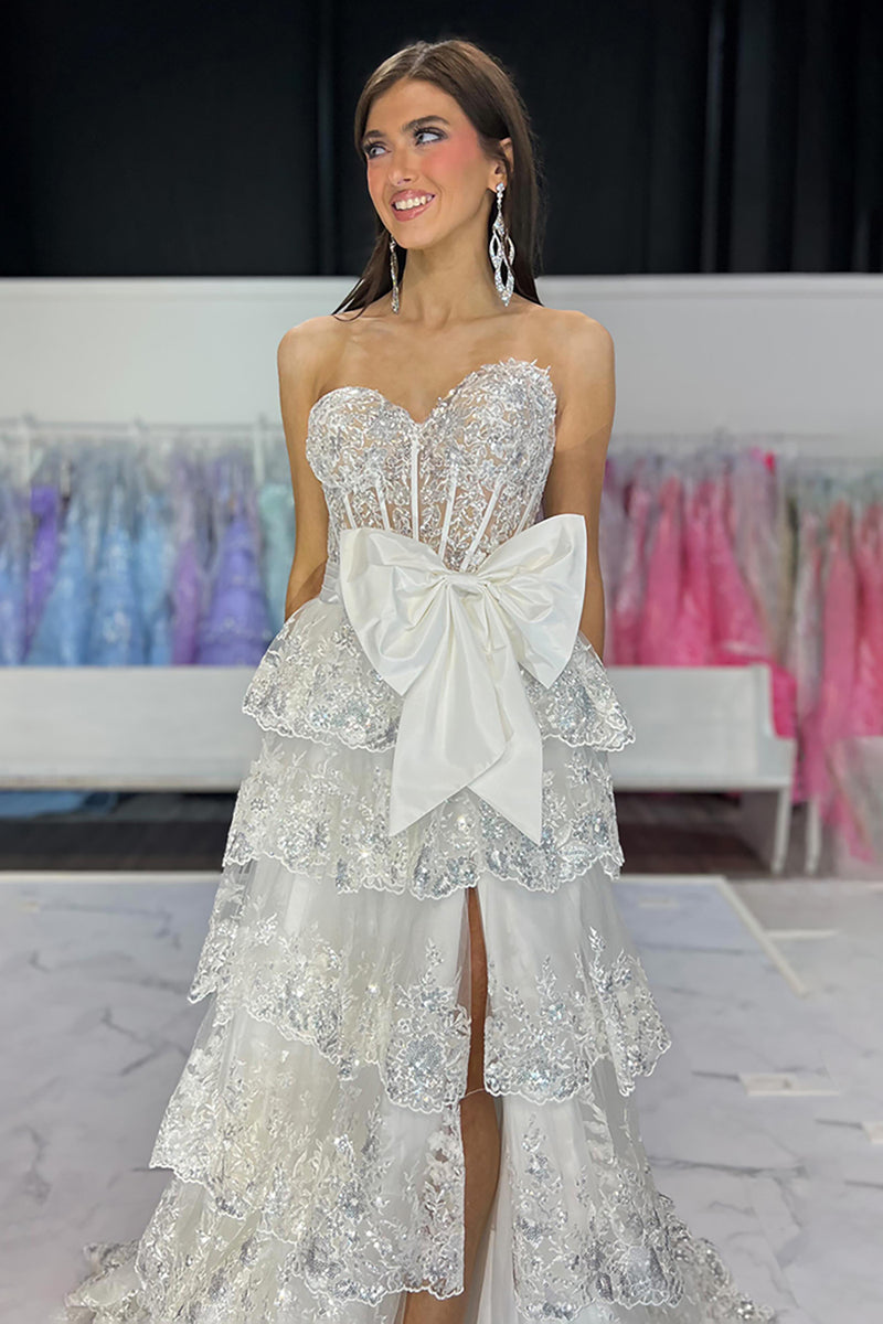 Load image into Gallery viewer, Sparkly Black A-Line Sequined Corset Tiered Bow Long Prom Dress with Slit