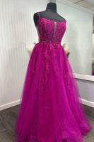 Load image into Gallery viewer, Sparkly Fuchsia A-Line Spaghetti Straps Corset Tulle Long Prom Dress with Appliques