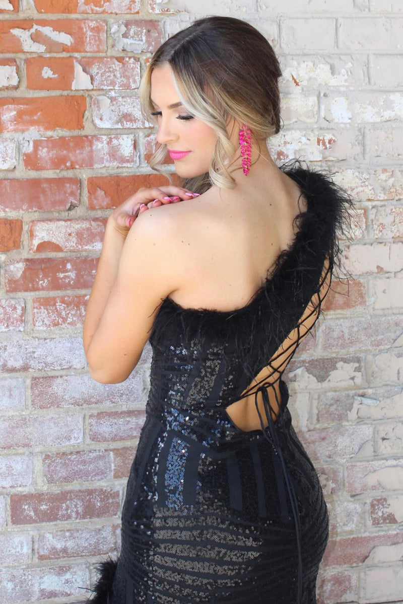 Load image into Gallery viewer, Sparkly Black Mermaid Feathered One Shoulder Sequins Long Prom Dress with Slit