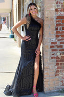 Load image into Gallery viewer, Sparkly Black Mermaid Feathered One Shoulder Sequins Long Prom Dress with Slit