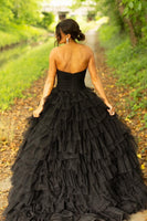 Load image into Gallery viewer, Black A-Line Strapless Tiered Tulle Long Prom Dress with Slit