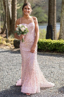 Load image into Gallery viewer, Women Sparkly Pink Long Prom Dress Mermaid Spaghetti Straps Corset Sequins Evening Dress