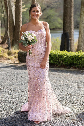 Women Sparkly Pink Long Prom Dress Mermaid Spaghetti Straps Corset Sequins Evening Dress