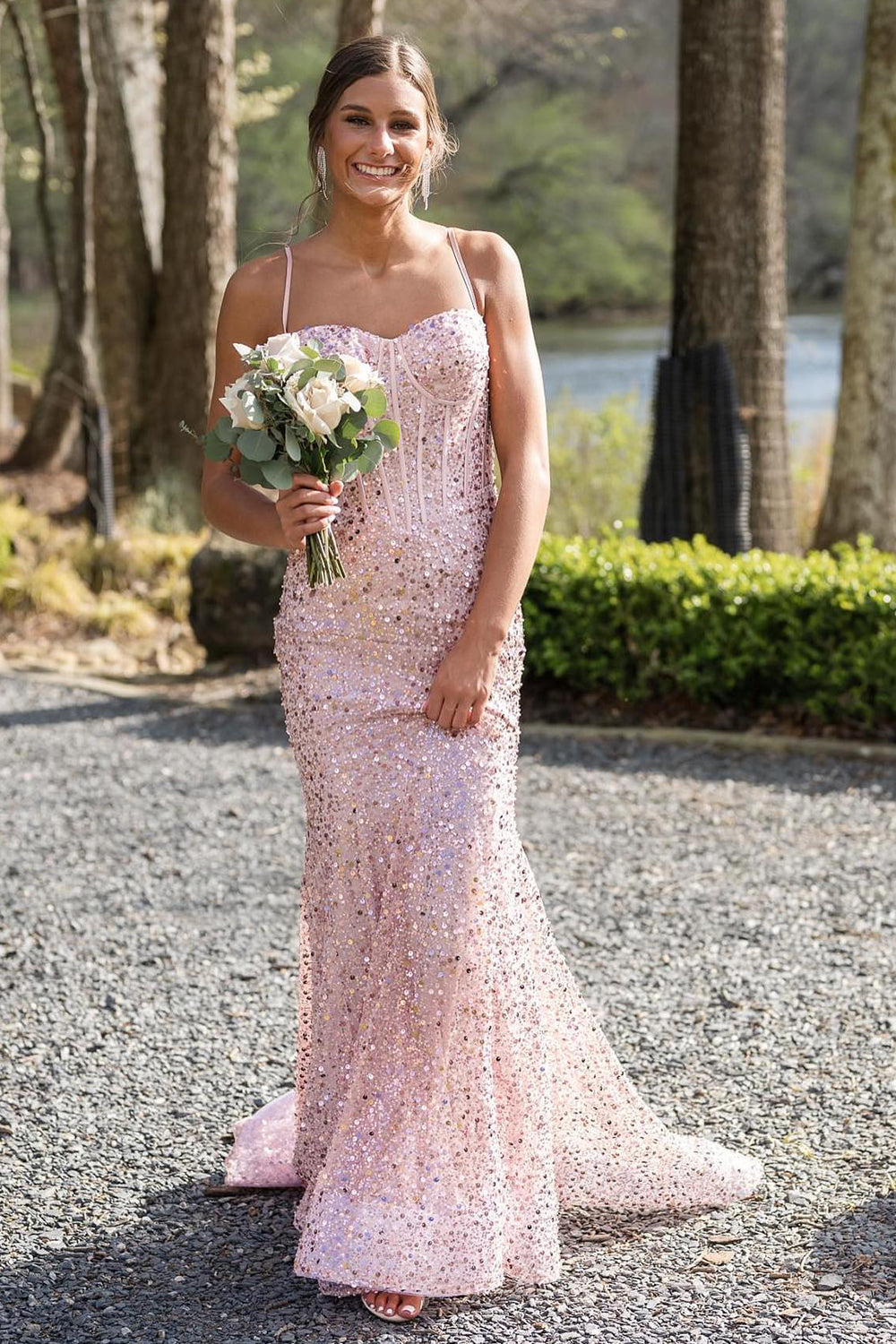 Women Sparkly Pink Long Prom Dress Mermaid Spaghetti Straps Corset Sequins Evening Dress