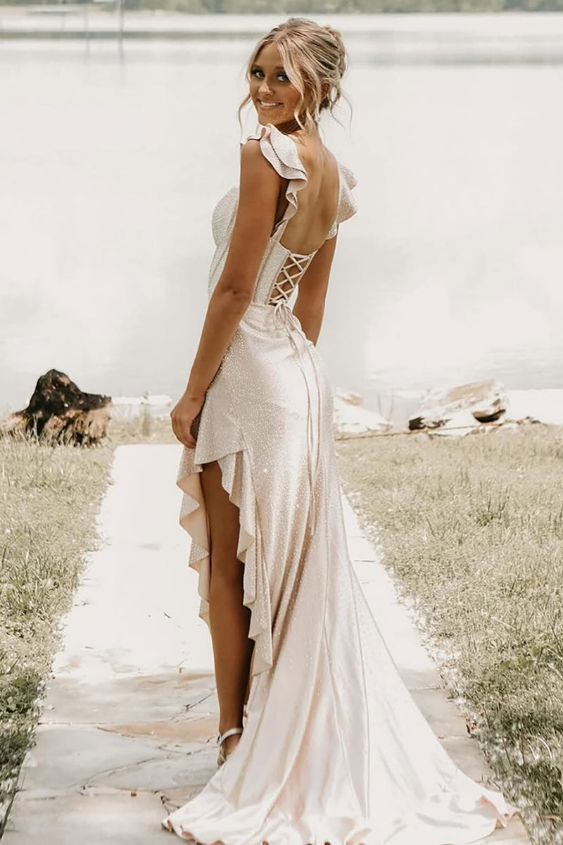 Load image into Gallery viewer, Sparkly Yellow Mermaid Beading Corset Ruffle Long Prom Dress with Slit