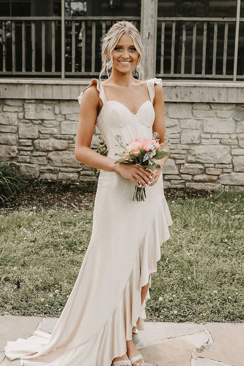 Load image into Gallery viewer, Sparkly Yellow Mermaid Beading Corset Ruffle Long Prom Dress with Slit