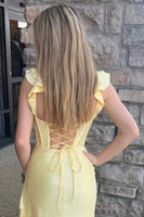 Load image into Gallery viewer, Sparkly Yellow Mermaid Beading Corset Ruffle Long Prom Dress with Slit