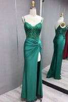 Load image into Gallery viewer, Sparkly Green Mermaid Spaghetti Straps Corset Appliques Long Prom Dress with Slit