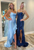 Load image into Gallery viewer, Queendancer Women Sparkly Navy Blue Corset Prom Dress with Slit Mermaid Strapless Formal Dress Beaded Ruffled Backless Evening Dress