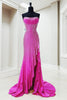 Load image into Gallery viewer, Queendancer Women Sparkly Fuchsia Corset Prom Dress with Slit Mermaid Strapless Formal Dress Beaded Ruffled Backless Evening Dress