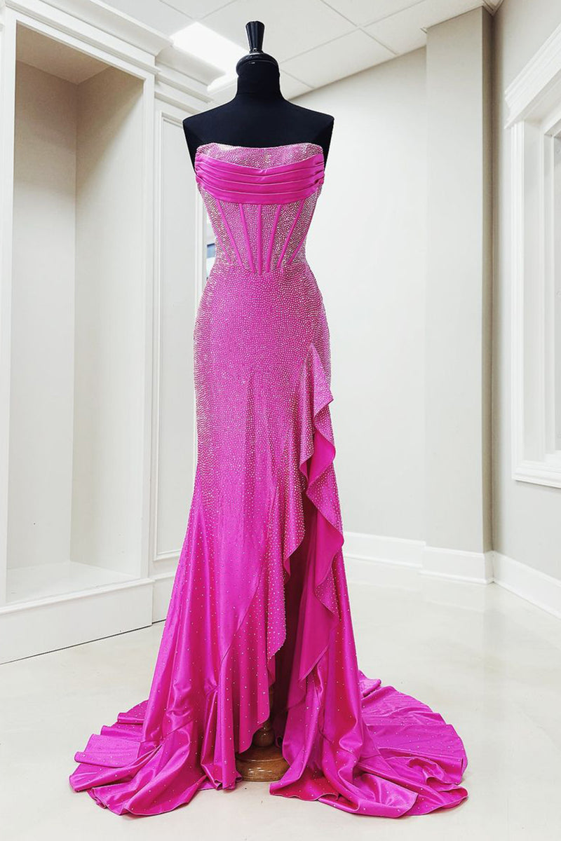 Load image into Gallery viewer, Queendancer Women Sparkly Fuchsia Corset Prom Dress with Slit Mermaid Strapless Formal Dress Beaded Ruffled Backless Evening Dress