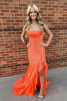 Load image into Gallery viewer, Sparkly Orange Mermaid Strapless Beaded Ruffled Long Prom Corset Dress with Slit