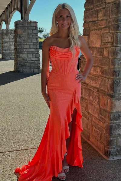 Queendancer Women Sparkly Orange Corset Prom Dress with Slit Mermaid Strapless Formal Dress Beaded Ruffled Backless Evening Dress