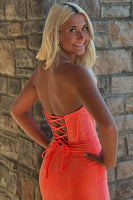 Load image into Gallery viewer, Sparkly Orange Mermaid Strapless Beaded Ruffled Long Prom Corset Dress with Slit