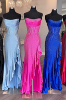 Load image into Gallery viewer, Sparkly Orange Mermaid Strapless Beaded Ruffled Long Prom Corset Dress with Slit