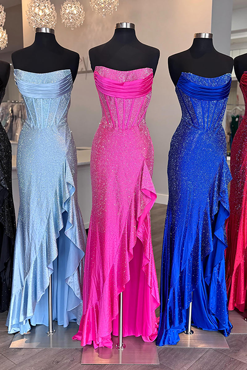 Load image into Gallery viewer, Sparkly Orange Mermaid Strapless Beaded Ruffled Long Prom Corset Dress with Slit