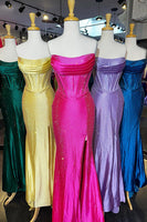 Load image into Gallery viewer, Sparkly Orange Mermaid Strapless Beaded Ruffled Long Prom Corset Dress with Slit