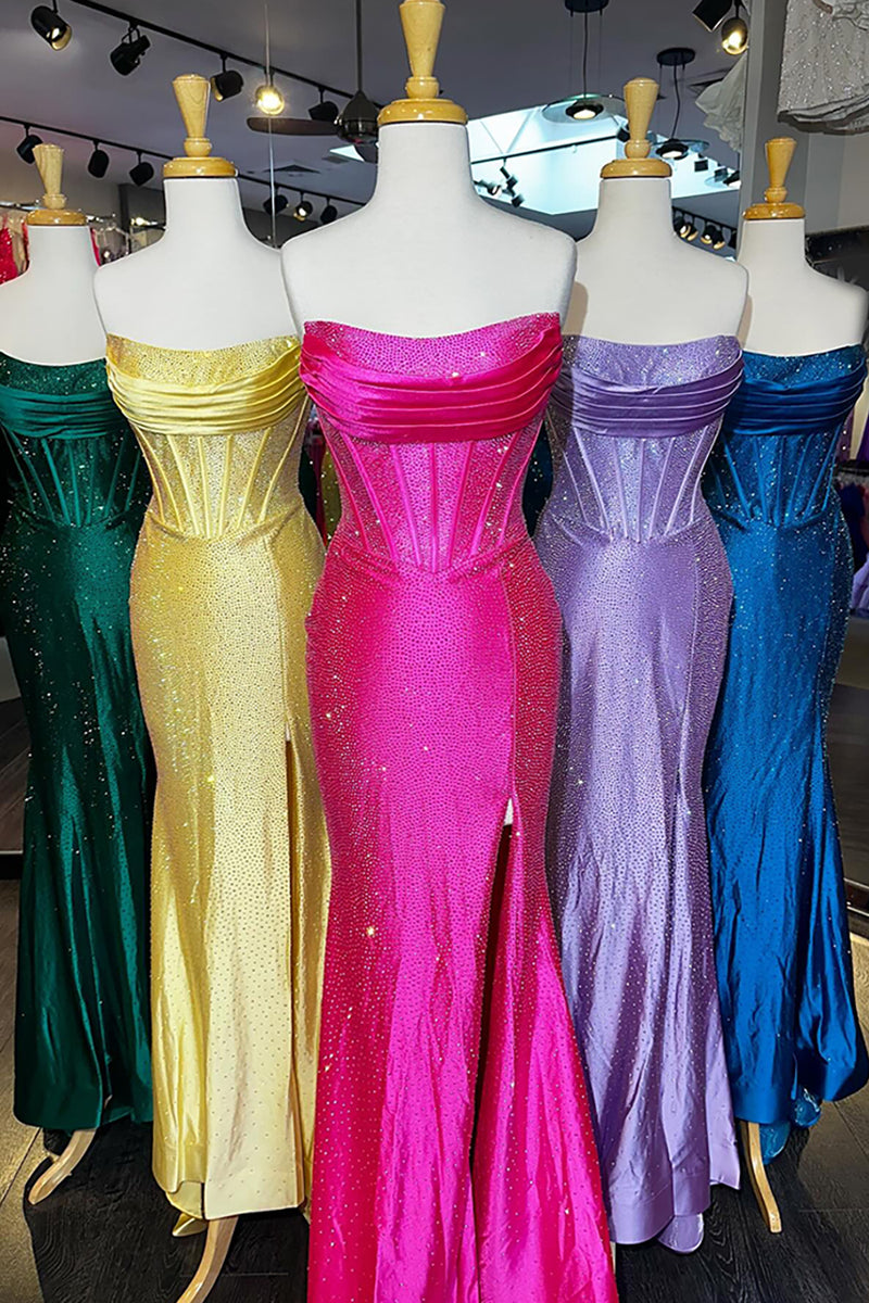 Load image into Gallery viewer, Sparkly Orange Mermaid Strapless Beaded Ruffled Long Prom Corset Dress with Slit