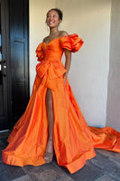 Load image into Gallery viewer, Orange A-Line Puff Sleeves Bowknot Long Prom Dress with Slit