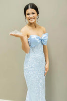 Load image into Gallery viewer, Sparkly Light Blue Sweep Train Bowknot Long Prom Dress with Appliques