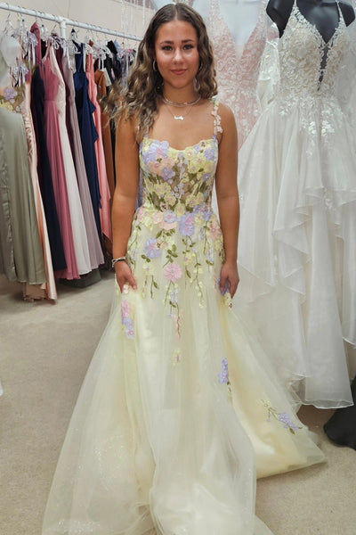 Women Floral A Line Yellow Corset Prom Dress with Appliqued Spaghetti Straps Long Formal Dress