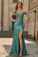 Load image into Gallery viewer, Sparkly Mermaid Grey Green Corset Off The Shoulder Long Prom Dress with Slit