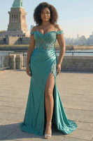 Load image into Gallery viewer, Sparkly Mermaid Green Off The Shoulder Corset Long Prom Dress with Slit