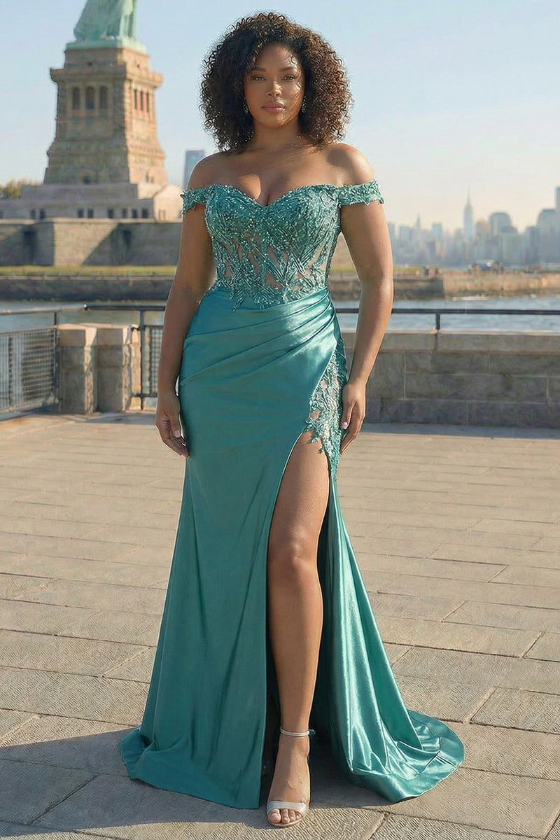 Load image into Gallery viewer, Sparkly Mermaid Green Off The Shoulder Corset Long Prom Dress with Slit