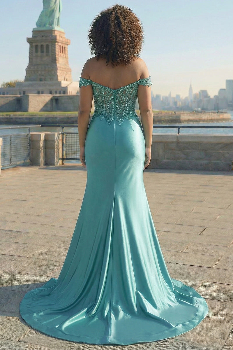 Load image into Gallery viewer, Sparkly Mermaid Green Off The Shoulder Corset Long Prom Dress with Slit