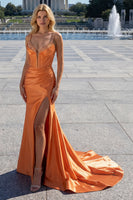 Load image into Gallery viewer, Sparkly Fuchsia Mermaid Beaded Corset Spaghetti Straps Long Prom Dress with Slit