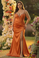 Load image into Gallery viewer, Sparkly Fuchsia Mermaid Beaded Corset Spaghetti Straps Long Prom Dress with Slit