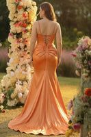 Load image into Gallery viewer, Sparkly Fuchsia Mermaid Beaded Corset Spaghetti Straps Long Prom Dress with Slit