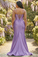 Load image into Gallery viewer, Sparkly Fuchsia Mermaid Beaded Corset Spaghetti Straps Long Prom Dress with Slit