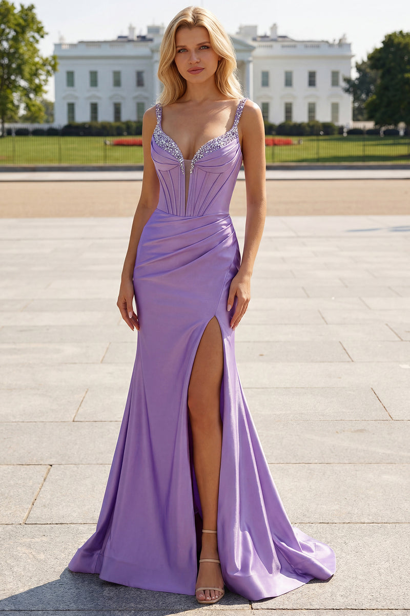 Load image into Gallery viewer, Sparkly Fuchsia Mermaid Beaded Corset Spaghetti Straps Long Prom Dress with Slit