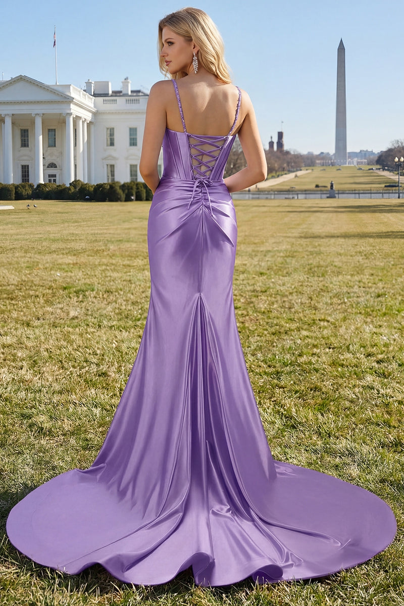 Load image into Gallery viewer, Sparkly Fuchsia Mermaid Beaded Corset Spaghetti Straps Long Prom Dress with Slit