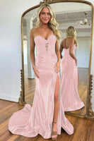 Load image into Gallery viewer, Sparkly Dark Green Mermaid Beaded Appliques Strapless Corset Long Prom Dress with Slit