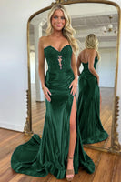 Load image into Gallery viewer, Sparkly Dark Green Mermaid Beaded Appliques Strapless Corset Long Prom Dress with Slit