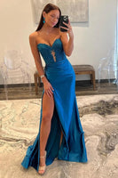 Load image into Gallery viewer, Sparkly Royal Blue Mermaid Beaded Appliques Strapless Corset Long Prom Dress with Slit