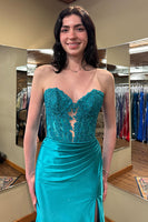 Load image into Gallery viewer, Sparkly Royal Blue Mermaid Beaded Appliques Strapless Corset Long Prom Dress with Slit