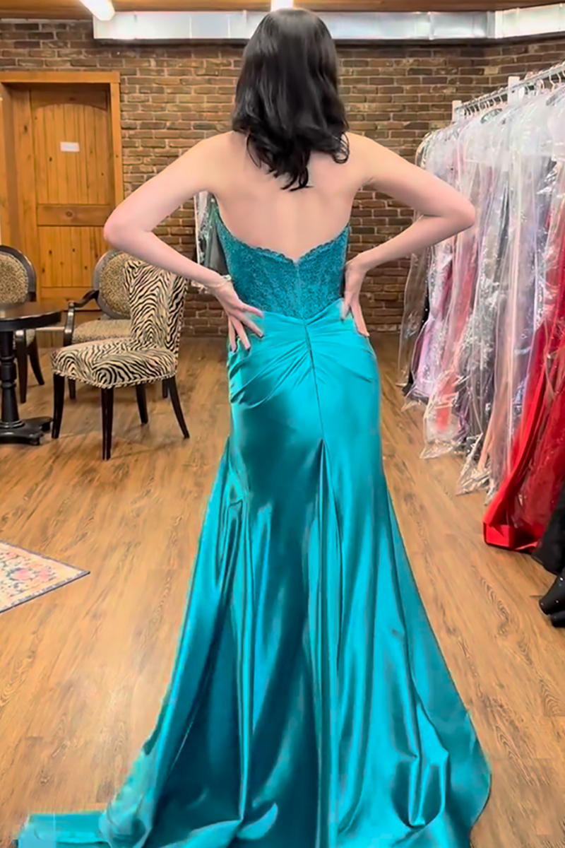 Load image into Gallery viewer, Sparkly Royal Blue Mermaid Beaded Appliques Strapless Corset Long Prom Dress with Slit