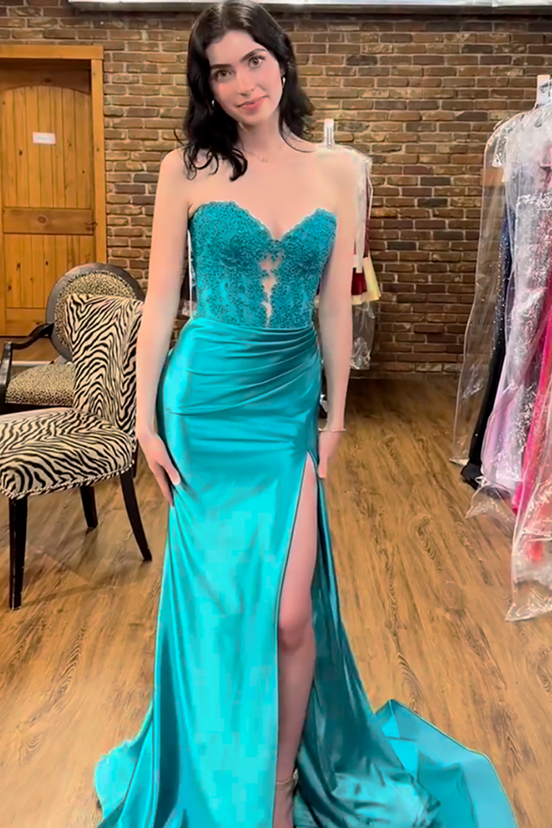 Load image into Gallery viewer, Sparkly Royal Blue Mermaid Beaded Appliques Strapless Corset Long Prom Dress with Slit