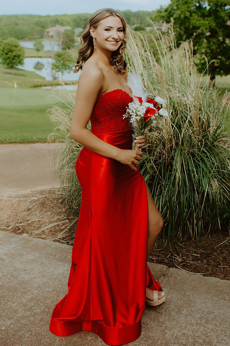 Load image into Gallery viewer, Sparkly Navy Mermaid Beaded Appliques Strapless Corset Long Prom Dress with Slit