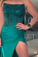 Load image into Gallery viewer, Sparkly Red Mermaid Strapless Corset Beaded Ruched Long Prom Dress with Slit