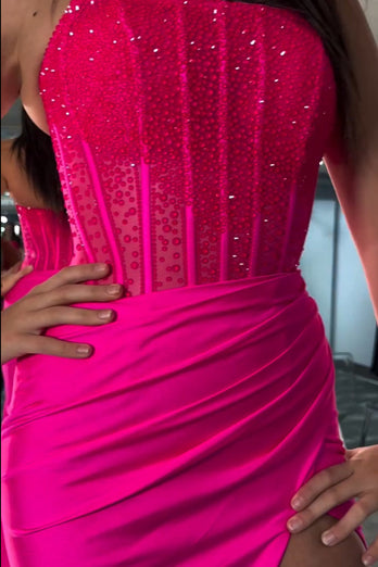 Sparkly Red Mermaid Strapless Corset Beaded Ruched Long Prom Dress with Slit
