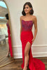 Load image into Gallery viewer, Sparkly Red Mermaid Strapless Corset Beaded Ruched Long Prom Dress with Slit