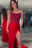Load image into Gallery viewer, Sparkly Red Mermaid Strapless Corset Beaded Ruched Long Prom Dress with Slit